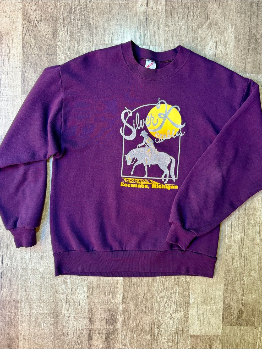 Vintage 90s Silver K Stables Escanaba MI Crewneck Sweatshirt Purple Graphic